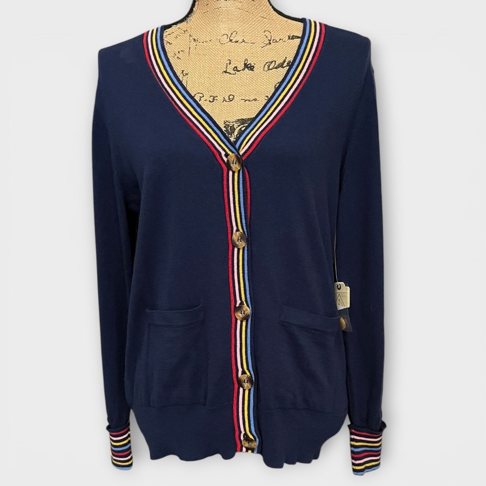 ST. JOHN'S BAY Navy V-Neck Lightweight Button Cardigan Colorful Striped Trim NWT